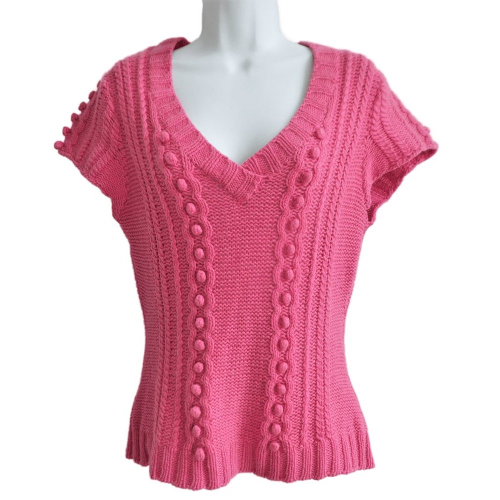 Vintage Angelino Sweater Bubblegum Pink V Neck Short Sleeve Bobbles Semi Fitted